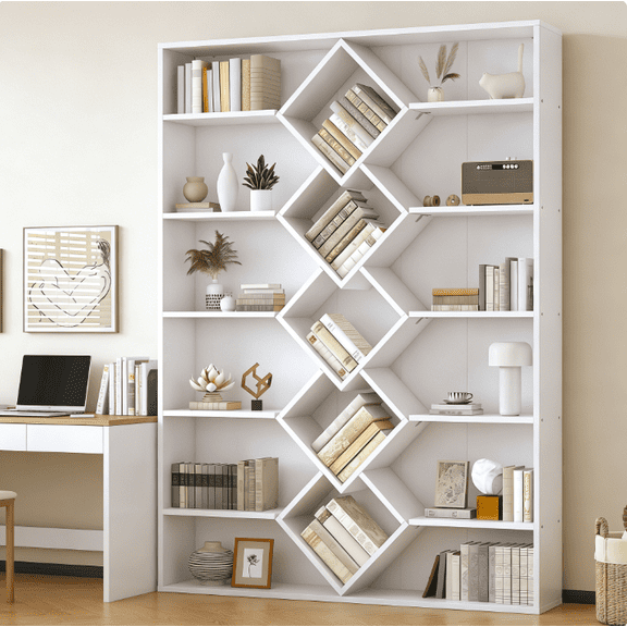 Lafnest 71" Wide Bookshelf with 17 Shelves,6-Tier Large Diamond Accent Storage Cabinet for Home Office,White