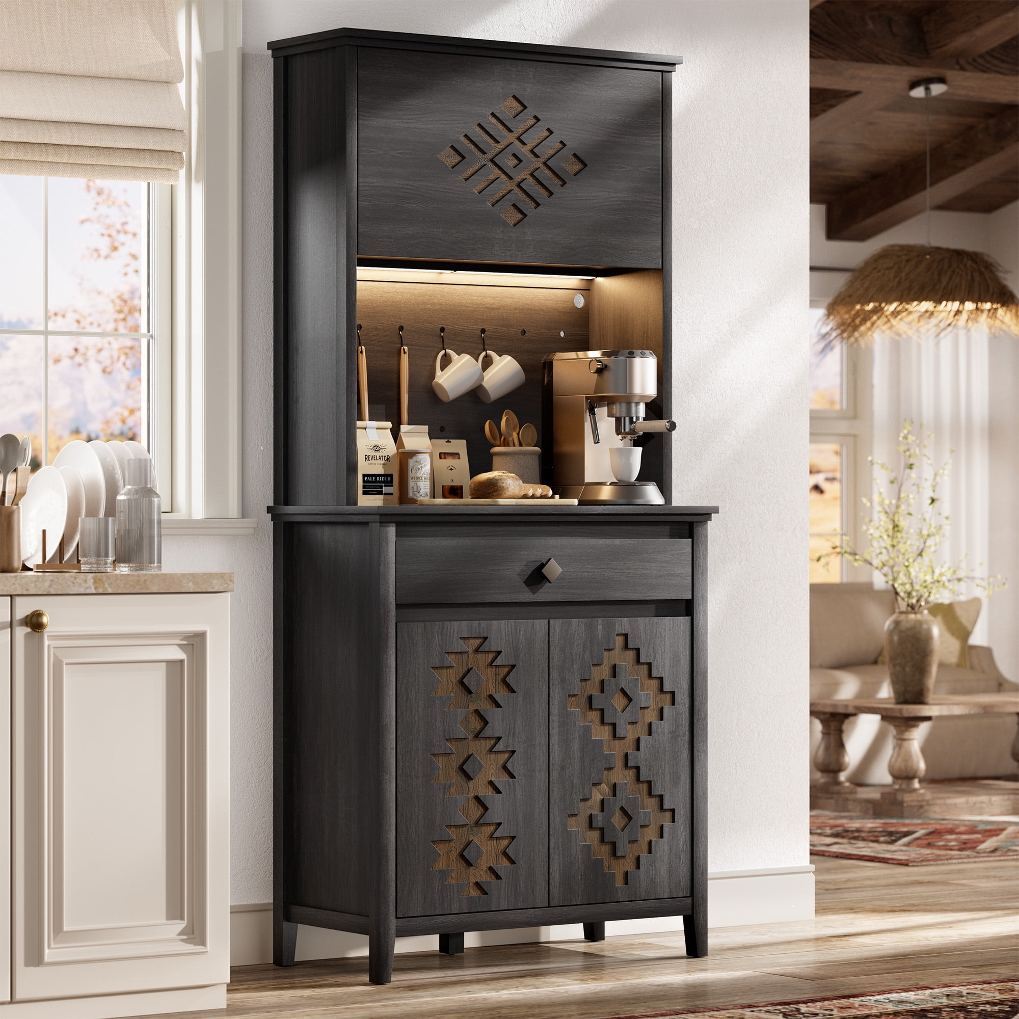 Lafnest 72" Kitchen Pantry with Hydraulic Flip-Up Door,LED Lights & Charging Station,Adjustable Shelves & Drawer,Black