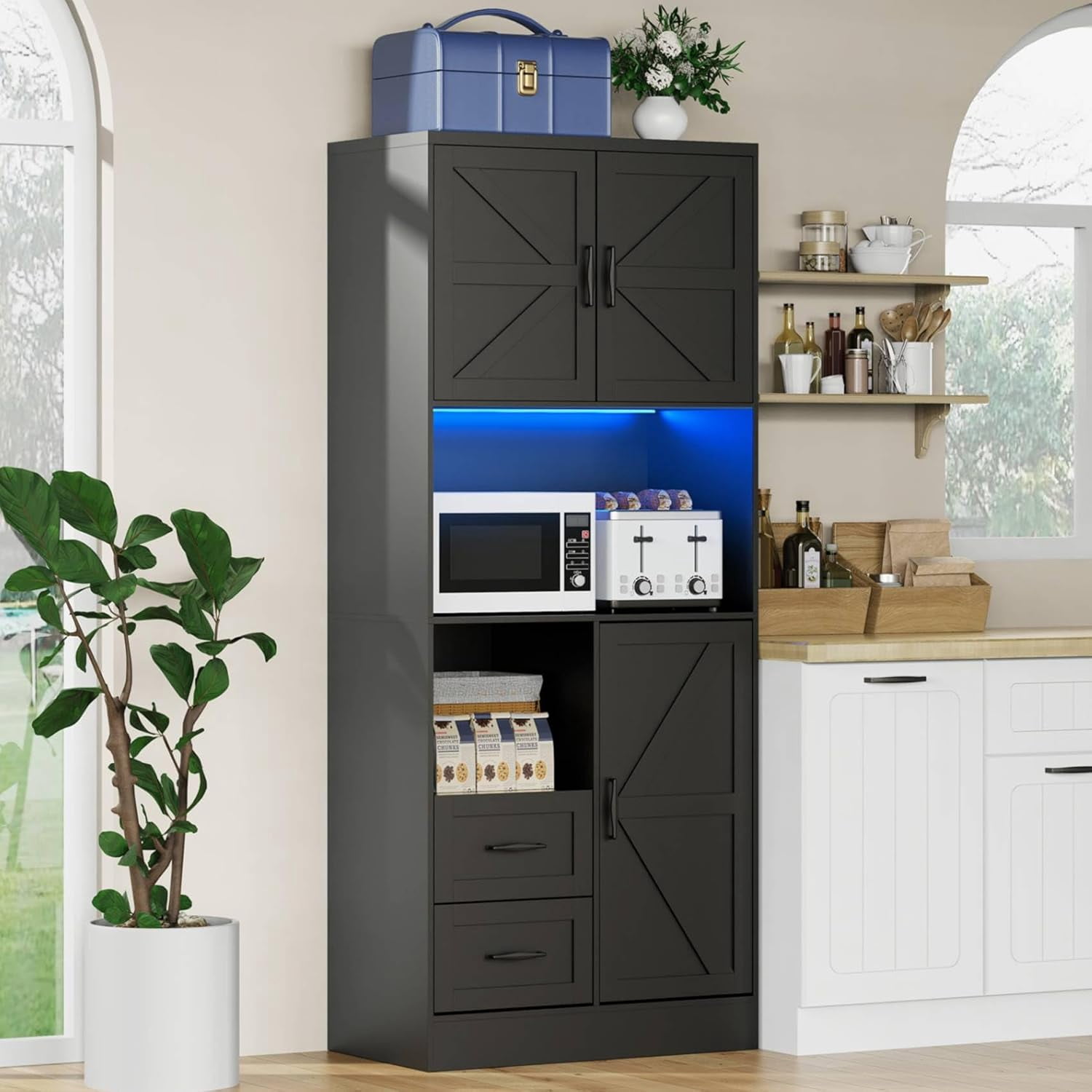 Lafnest  Farmhouse Kitchen Pantry with LED Lights & Power Strip,68" Tall Cabinet with Microwave Stand,Barn Doors & Drawers for Dining Room,Black