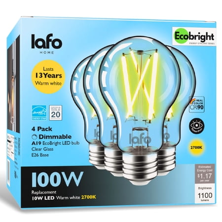 LafoHome EcoBright A19 LED Filament Bulb, 1100 Lumens, 100W Equivalent, 2700K Warm White, Dimmable, 4-Pack