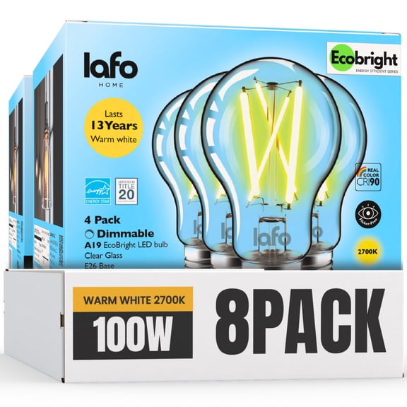 LafoHome EcoBright A19 LED Filament Bulb, 1100 Lumens, 100W Equivalent, 2700K Warm White, Dimmable, 8-Pack