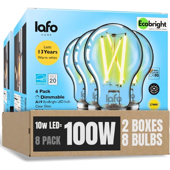 LafoHome EcoBright A19 LED Filament Bulb, 100W Equivalent, 2700K Warm White, Dimmable, 8-Pack