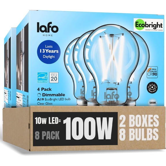 LafoHome EcoBright A19 LED Filament Bulb, 100W Equivalent, 5000K Daylight, Dimmable, 8-Pack