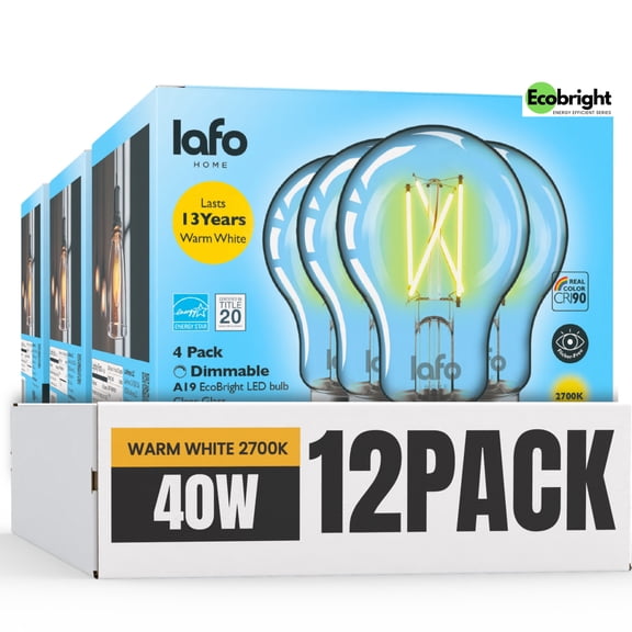 LafoHome EcoBright A19 LED Filament Bulb, 450 Lumens, 40W Equivalent, 2700K Warm White, Dimmable, 12-Pack