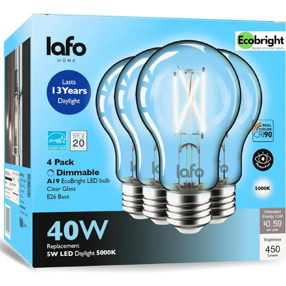 LafoHome EcoBright A19 LED Filament Bulb, 40W Equivalent, 5000K Daylight, Dimmable, 4-Pack