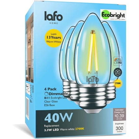 LafoHome EcoBright B11 LED Filament Bulb, 40W Equivalent, 2700K Warm White, Dimmable, 4-Pack