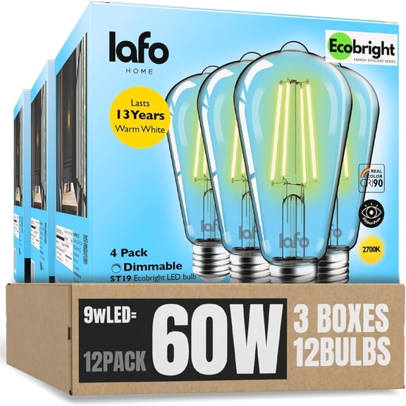 LafoHome EcoBright ST19 LED Filament Bulb, 800 Lumens, 60W Equivalent, 2700K Warm White, Dimmable, 12-Pack