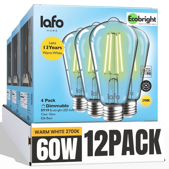 LafoHome EcoBright ST19 LED Filament Bulb, 800 Lumens, 60W Equivalent, 2700K Warm White, Dimmable, 12-Pack