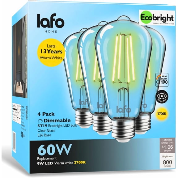 LafoHome EcoBright ST19 LED Filament Bulb, 800 Lumens, 60W Equivalent, 2700K Warm White, Dimmable, 4-Pack