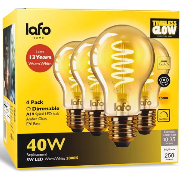 LafoHome TimelessGlow A19 LED Straight Filament Bulb, 250 Lumens, 40W Equivalent, 2000K Warm Amber, Dimmable, 4-Pack
