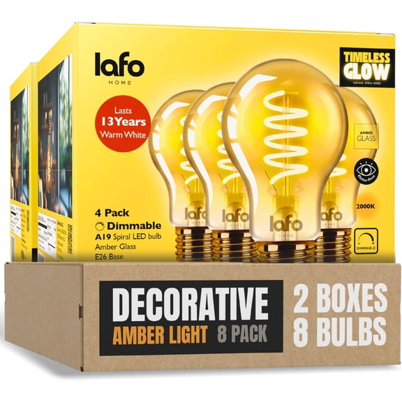 LafoHome TimelessGlow A19 LED Straight Filament Bulb, 250 Lumens, 40W Equivalent, 2000K Warm Amber, Dimmable, 8-Pack