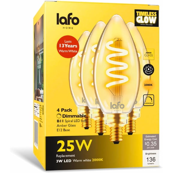 LafoHome TimelessGlow B11 LED Spiral Filament Bulb, 250 Lumens, 25W Equivalent, 2000K Warm Amber, Dimmable, 4-Pack
