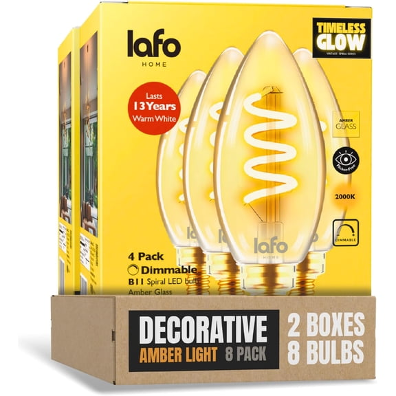LafoHome TimelessGlow B11 LED Spiral Filament Bulb, 25W Equivalent, 2000K Warm Amber, Dimmable, 8-Pack