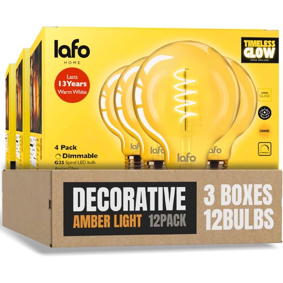 LafoHome TimelessGlow G25 LED Spiral Filament Bulb, 250 Lumens, 40W Equivalent, 2000K Warm Amber, Dimmable, 12-Pack
