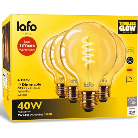 LafoHome TimelessGlow G25 LED Spiral Filament Bulb, 250 Lumens, 40W Equivalent, 2000K Warm Amber, Dimmable, 4-Pack
