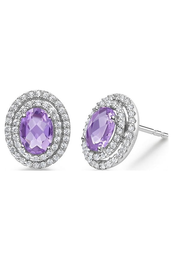Aria Sterling Silver Platinum Plated Lassire Amethyst with Lassire Simulated Diamonds Earrings