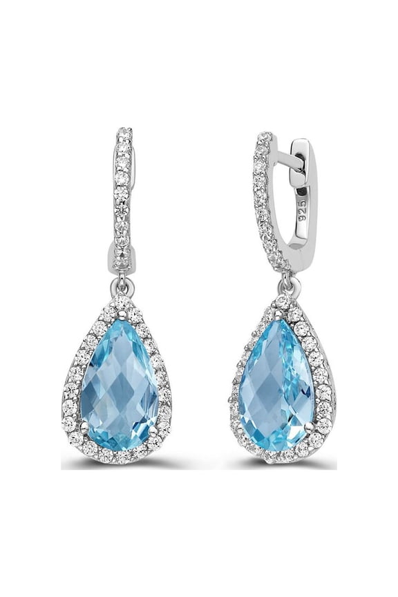Aria Sterling Silver Platinum Plated Lassire Blue Topaz with Lassire Simulated Diamonds Earrings