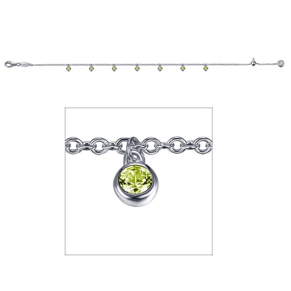 Lafonn August Peridot Birthstone Sterling Silver Platinum Bracelet 7.5 IN Adjustable (0.60 CTTW)