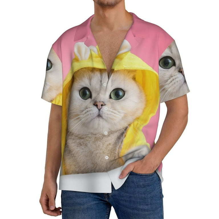 Lafuoo A Funny Cat Pattern Men's Cuban Collar Short Sleeve Shirt