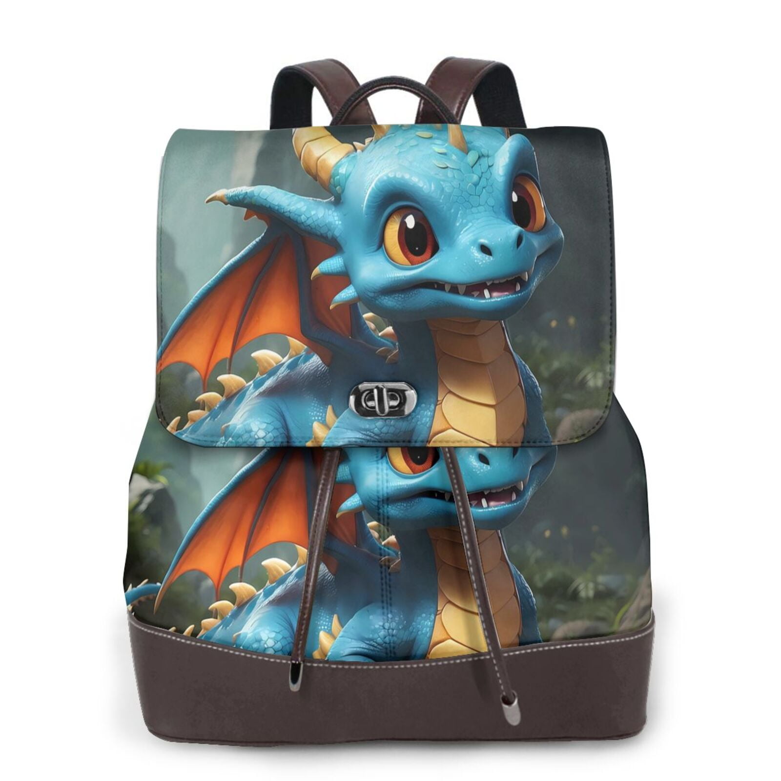 baby dragon leather backpack Lafuoo Adorable Blue Baby Dragon Pattern Leather Backpack, Adjustable  Backpack Suitable for School Work, Suitable for Adults, Men, Women and