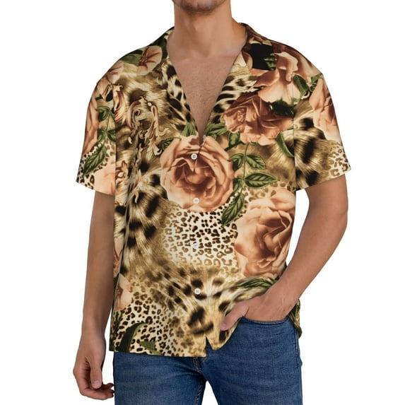 Lafuoo Animal Leopard Pattern Men's Cuban Collar Short Sleeve Shirt, Button-Down Resort Beach Pocket Shirt-Small
