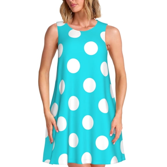 Lafuoo Aqua And White Polka Dot Pattern Women's Sleeveless Dress, Round Tie Pocket Short Sleeve Dress Summer Clothing, Suitable for Vacation, Leisure, Work-Medium