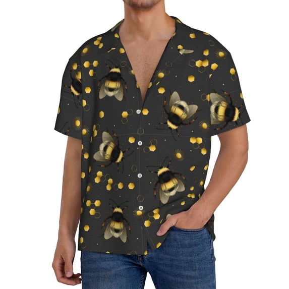 Lafuoo Bee Pattern Men's Cuban Collar Short Sleeve Shirt, Button-Down Resort Beach Pocket Shirt-Large