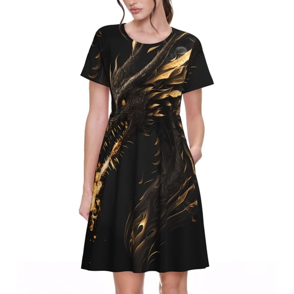 Lafuoo Black And Gold Fire Dragon Pattern Women's Short Sleeve Dress, Elastic Waist with Pockets, Knee-length A-line Skirt, Summer Casual Wear-Small