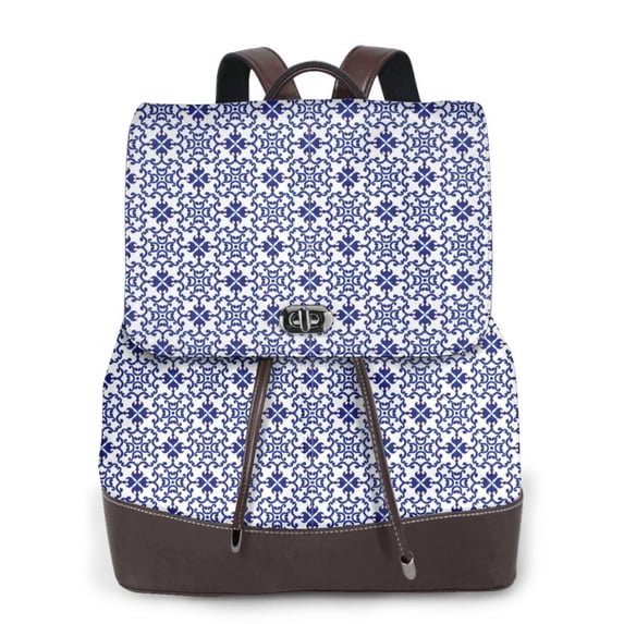 Lafuoo Blue And White Porcelain Chinaware Pattern Leather Backpack, Adjustable Backpack Suitable for School Work, Suitable for Adults, Men, Women and Teenagers-One Size
