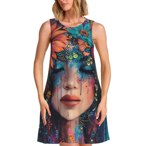 Lafuoo Bohemian Colorful Flower Woman Pattern Women's Sleeveless Dress, Round Tie Pocket Short Sleeve Dress Summer Clothing, Suitable for Vacation, Leisure, Work-XX-Large