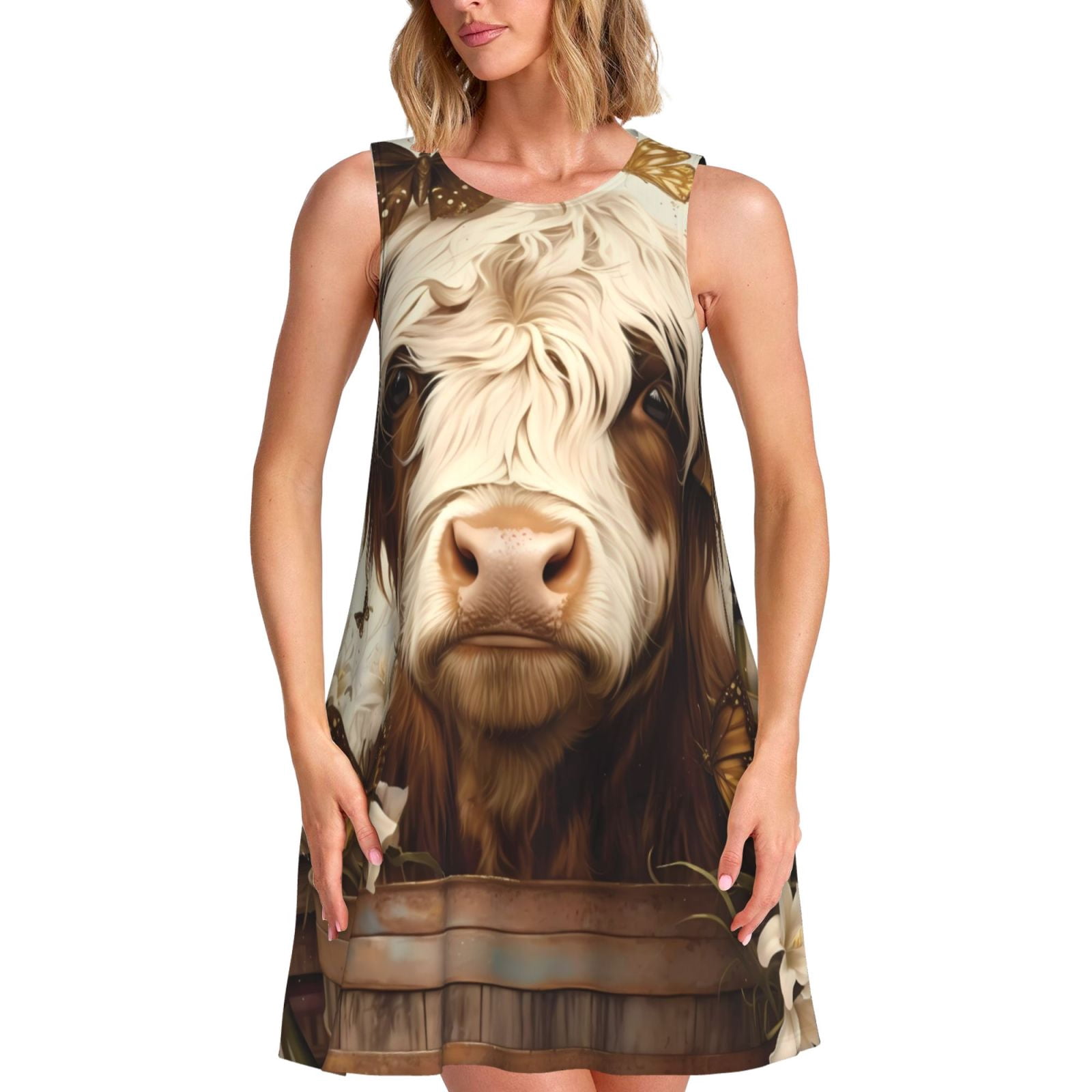 Lafuoo Butterfly Cow Barrel Pattern Women's Sleeveless Dress, Round Tie ...