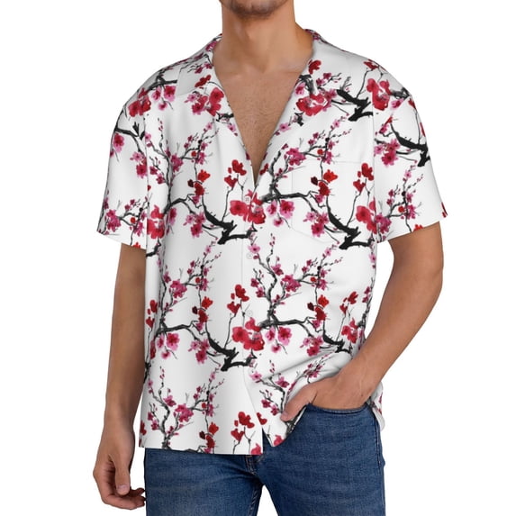 Lafuoo Cherry Blossoms Pattern Men's Cuban Collar Short Sleeve Shirt, Button-Down Resort Beach Pocket Shirt-4X-Large