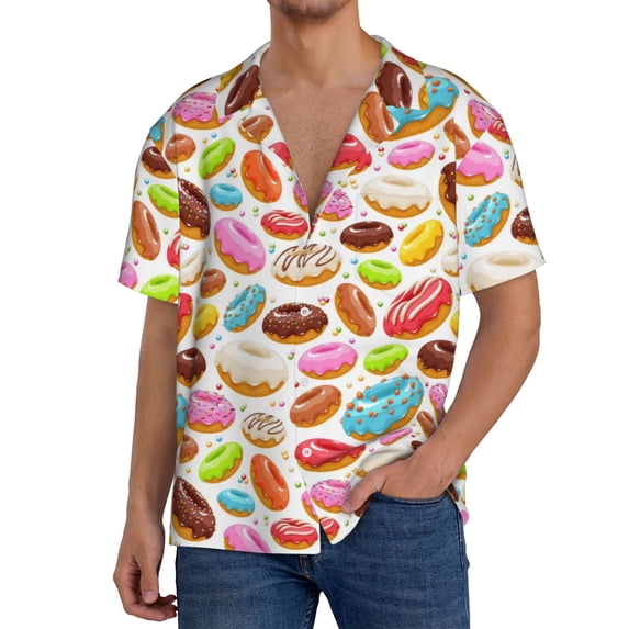 Lafuoo Color Donut Pattern Men's Cuban Collar Short Sleeve Shirt, Button-Down Resort Beach Pocket Shirt-XX-Large