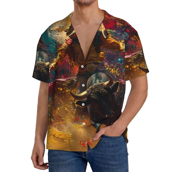 Lafuoo Colorful Bull Western Man Pattern Men's Cuban Collar Short Sleeve Shirt, Button-Down Resort Beach Pocket Shirt-XX-Large