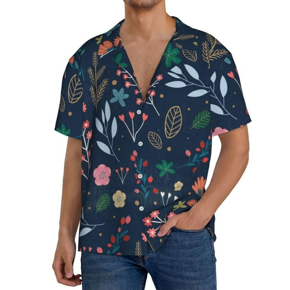 Lafuoo Colorful Flowers Pattern Men's Cuban Collar Short Sleeve Shirt, Button-Down Resort Beach Pocket Shirt-Small