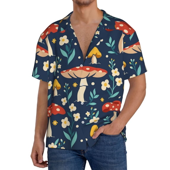 Lafuoo Colorful Mushrooms Pattern Men's Cuban Collar Short Sleeve Shirt, Button-Down Resort Beach Pocket Shirt-4X-Large