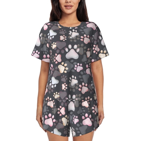 Lafuoo Colorful Paws Of Dog Pattern Women's Round Neck Short Sleeve Pajamas Set, Button Pajamas Elastic Band Pajamas Home Wear-X-Large