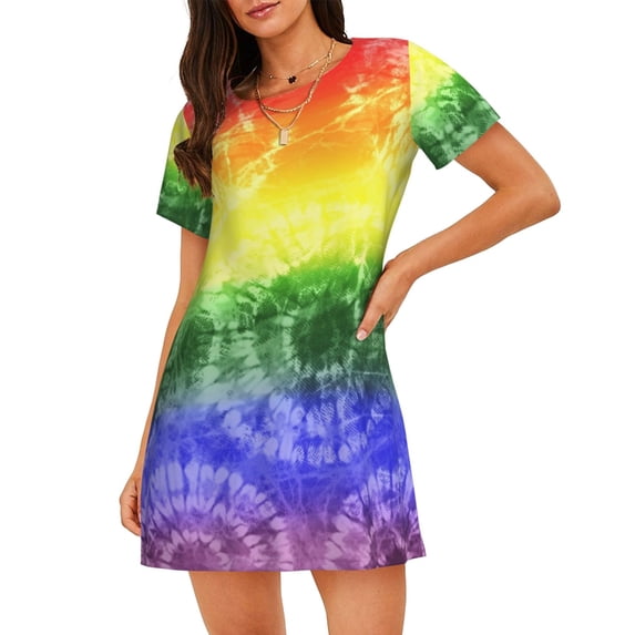 Lafuoo Colorful Tie Dye Pattern Women's Short-sleeved Nightdress, Knee-length Pullover Nightgown, Summer Home Wear-Small