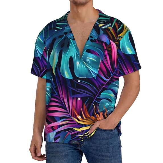 Lafuoo Colorful Tropical Leaves Pattern Men's Cuban Collar Short Sleeve Shirt, Button-Down Resort Beach Pocket Shirt-4X-Large