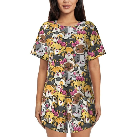 Lafuoo Cute Cat Pattern Women's Round Neck Short Sleeve Pajamas Set, Button Pajamas Elastic Band Pajamas Home Wear-3X-Large