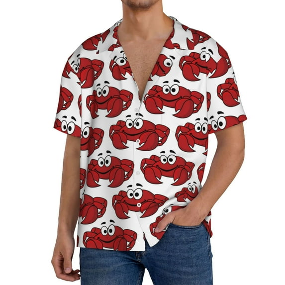 Lafuoo Cute Red Crab Pattern Men's Cuban Collar Short Sleeve Shirt, Button-Down Resort Beach Pocket Shirt-4X-Large