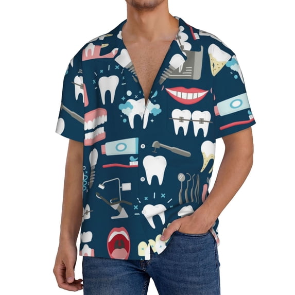 Lafuoo Dental Pattern Men's Cuban Collar Short Sleeve Shirt, Button-Down Resort Beach Pocket Shirt-X-Large