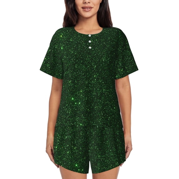 Lafuoo Emerald Green Sparkling Pattern Women's Round Neck Short Sleeve Pajamas Set, Button Pajamas Elastic Band Pajamas Home Wear-X-Large