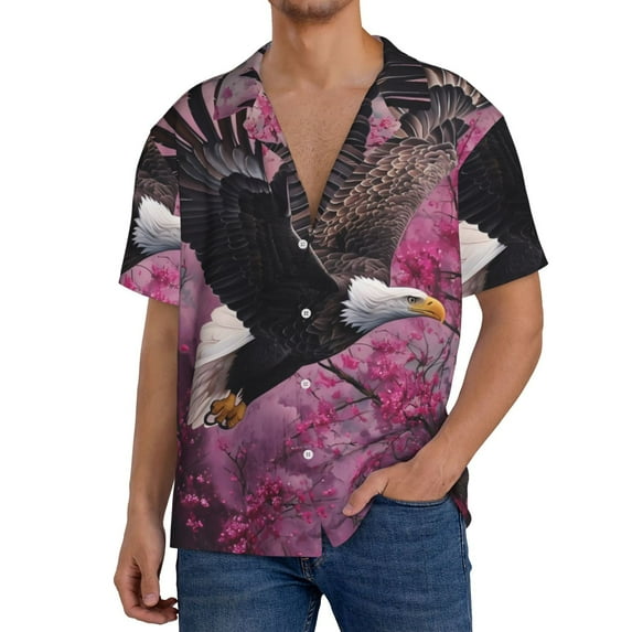 Lafuoo Flower Bald Eagle Pattern Men's Cuban Collar Short Sleeve Shirt, Button-Down Resort Beach Pocket Shirt-Large