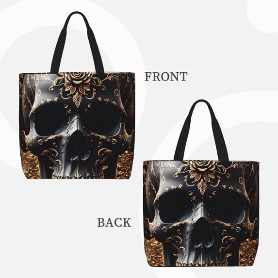 Lafuoo Gold Pattern Black Skull Pattern Single Shoulder Convenience Bag, Large Capacity Zippered Handbag for Shopping, Unisex-One Size