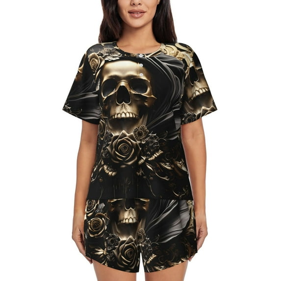 Lafuoo Gold Rose Skull Pattern Women's Round Neck Short Sleeve Pajamas Set, Button Pajamas Elastic Band Pajamas Home Wear-X-Large