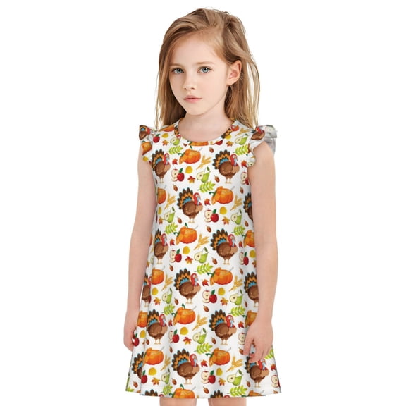 Lafuoo Thanksgiving Turkey Pattern Girls' Small Flying Sleeve Nightdress, Suitable for Girls' Round Neck Pajamas and Robes-Small