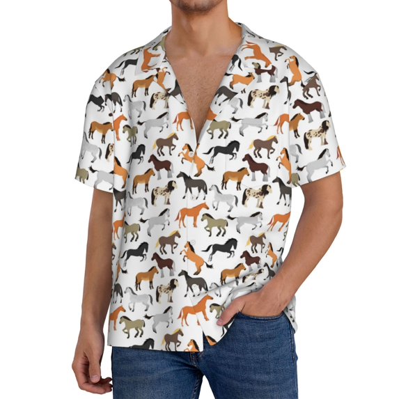 Lafuoo Horse Pattern Men's Cuban Collar Short Sleeve Shirt, Button-Down Resort Beach Pocket Shirt-Small