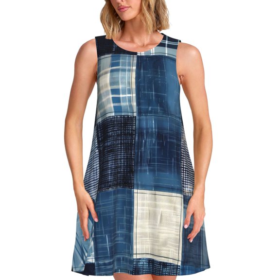 Lafuoo Indigo Patchwork Quilt Pattern Women's Sleeveless Dress, Round Tie Pocket Short Sleeve Dress Summer Clothing, Suitable for Vacation, Leisure, Work-3X-Large
