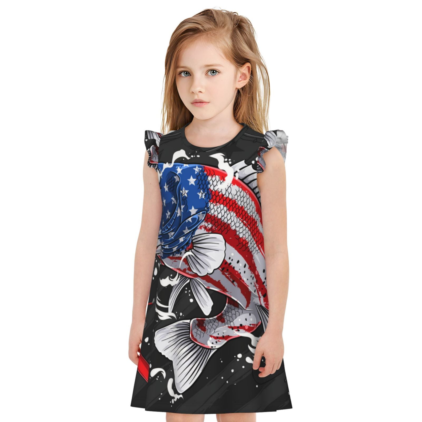 Lafuoo Largemouth Bass Fish in USA Pattern Girls' Small Flying Sleeve ...